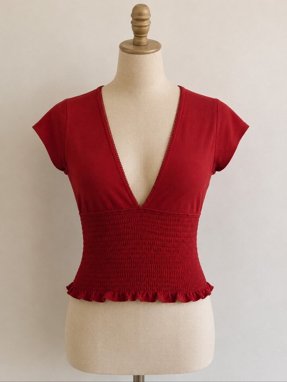 Twik by Simons Red Deep V-Neck Smocked Crop Top Organic Cotton